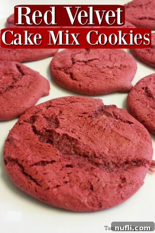 Red Velvet Cake Mix Cookies text over a white plate with red cookies