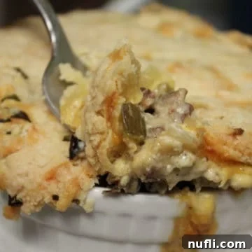 bacon pot pie in a white baking dish