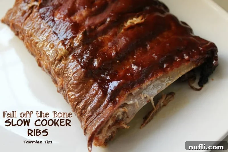 Fall off the bone slow cooker ribs next to a rack of ribs on a white plate