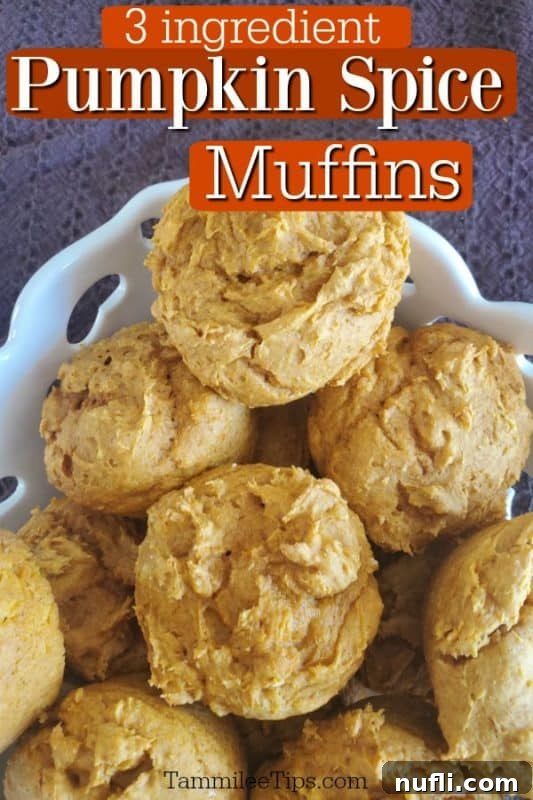 3 Ingredient Pumpkin Spice Muffins text over a white bowl filled with muffins