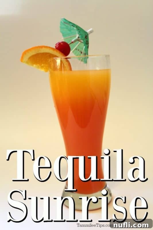 Sunrise Tequila Cocktail Recipe 2 Tequila Sunrise text over a cocktail garnished with a orange wedge, cherry, and tropical umbrella