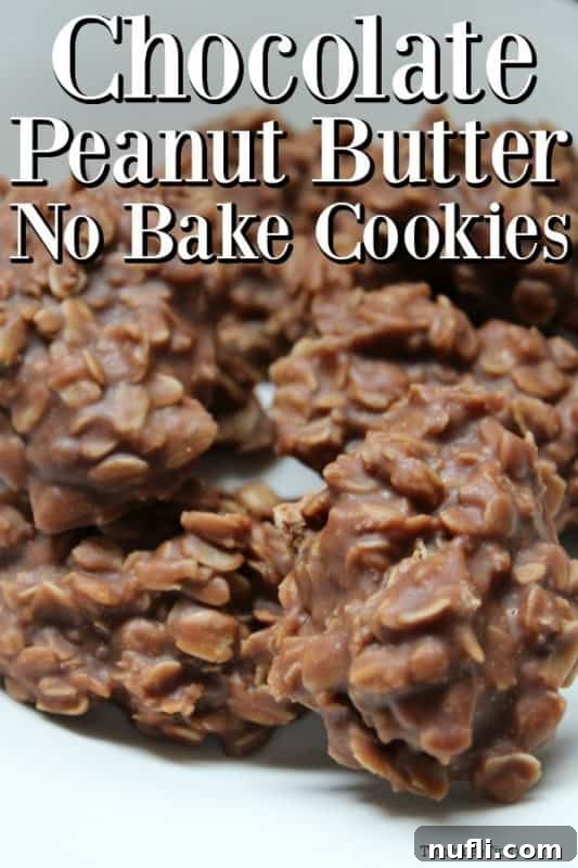 Stacked Chocolate Peanut Butter No-Bake Cookies on a white plate, showcasing their rich texture and appeal