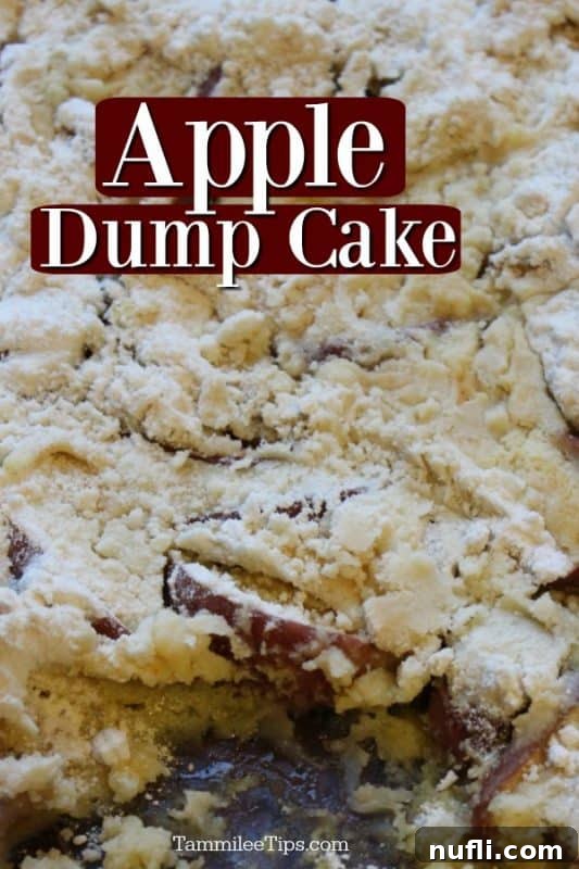 Close-up of a golden-brown 3-ingredient apple dump cake in a glass baking dish, with a slice removed, revealing the soft apple and cake layers.