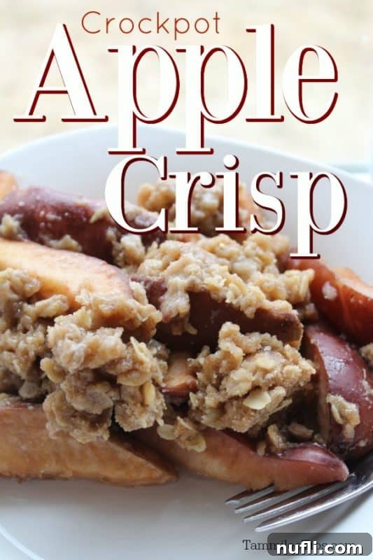Crockpot Apple crisp served on a white plate with a fork, steaming gently, with text overlay