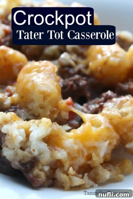 Delicious Slow Cooker Tater Tot Casserole served on a white plate, highlighting melted cheese and golden tater tots.