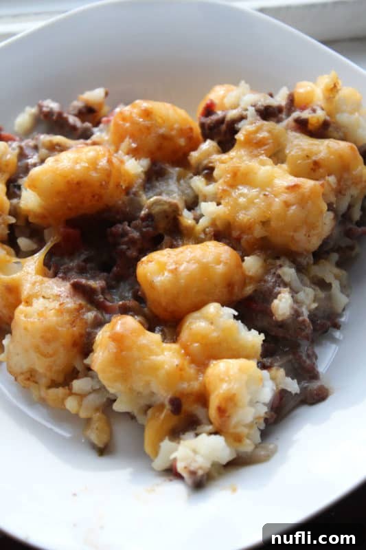 cheesy tater tots over ground beef on a white plate