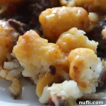 Tater tot casserole with melted cheese on a white plate