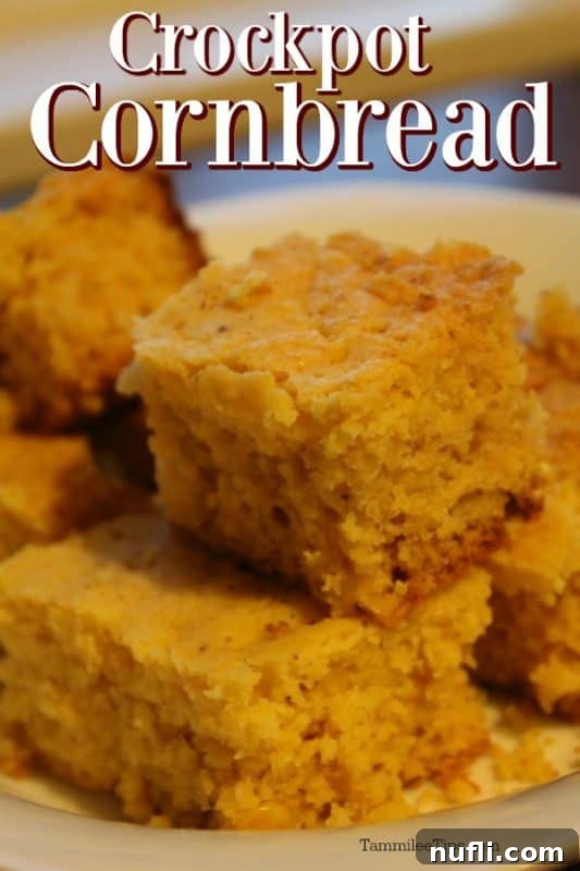 Golden squares of Crockpot Cornbread on a plate