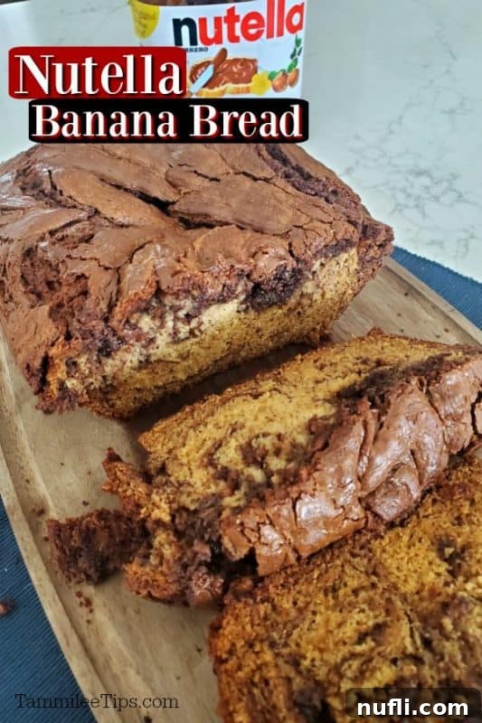 Nutella Banana Bread text over a cutting board with sliced bread
