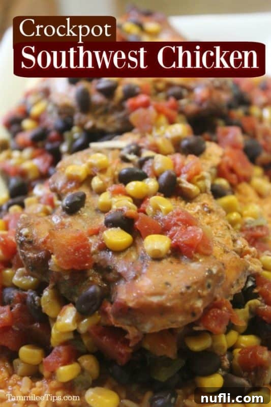 crockpot southwest chicken over chicken covered in tomatoes, corn, and black beans 