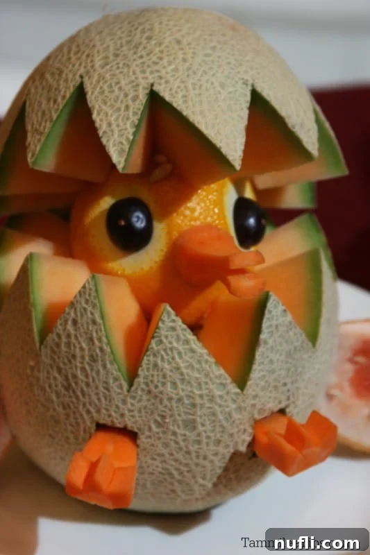 Adorable fruit animal chick made from melon, peeking out of a carved fruit egg.