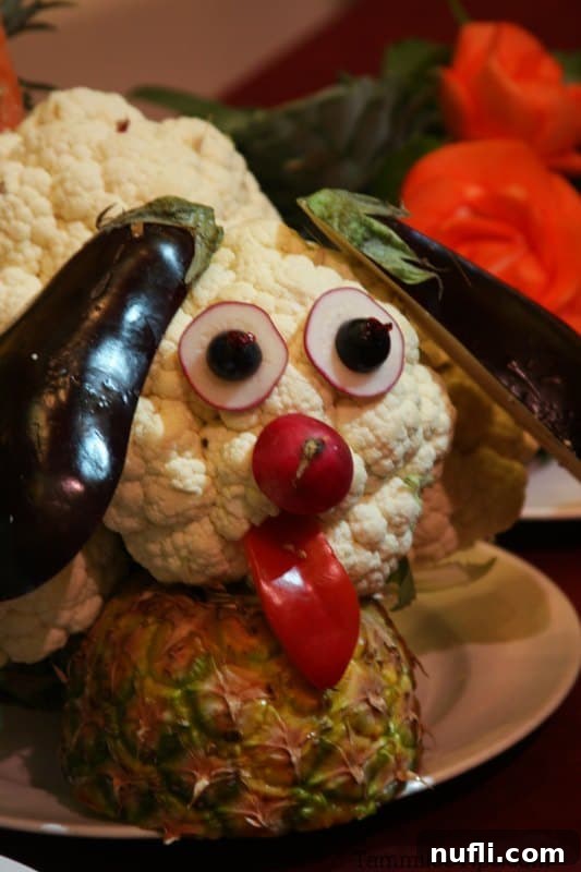 A fruit animal puppy featuring distinctive eggplant ears, creatively integrated into the design.