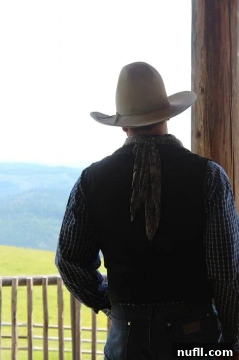 A contemplative cowboy figure stands by a wooden post, looking out over a vast, scenic field, embodying the spirit of the Western landscape at Bull Hill Guest Ranch.
