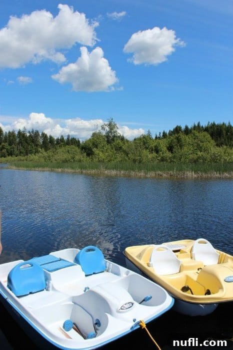 Colorful paddleboats gently resting on a calm pond under a vibrant blue sky with soft white clouds, offering tranquil water activities at Bull Hill Guest Ranch.