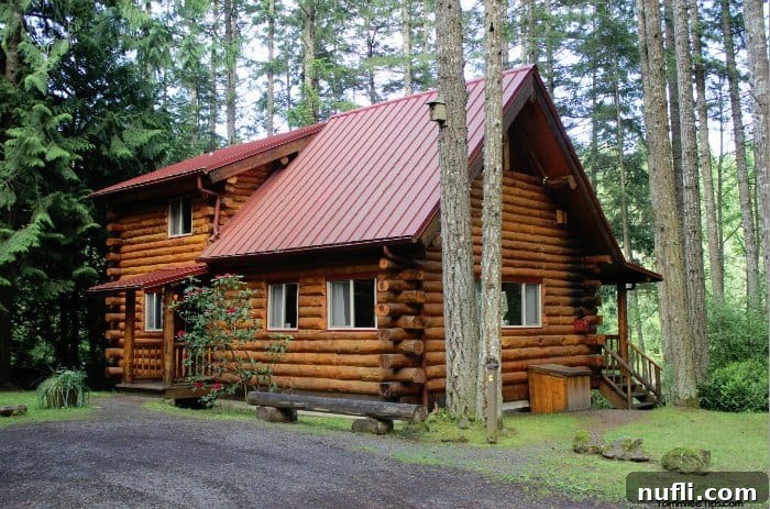 Your Log Cabin Adventure Awaits at Lakedale Resort, San Juan Islands 3 Cozy log cabin nestled among tall trees, reflecting a peaceful forest escape