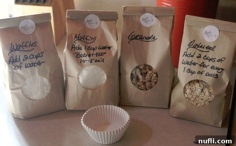 Your Log Cabin Adventure Awaits at Lakedale Resort, San Juan Islands 4 Delightful breakfast assortment: waffle mix, blueberry muffin mix, and granola in convenient bags, ready for preparation.