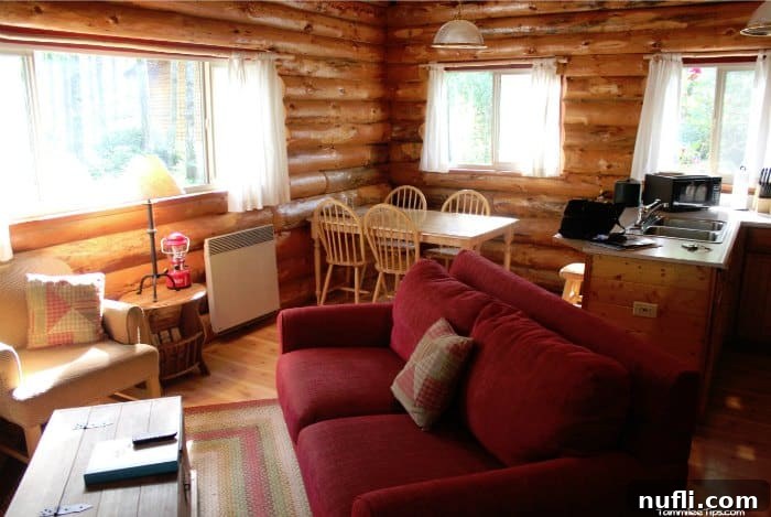 Your Log Cabin Adventure Awaits at Lakedale Resort, San Juan Islands 5 Inviting log cabin interior featuring a comfortable couch, a cozy seating area, and a fully equipped kitchen