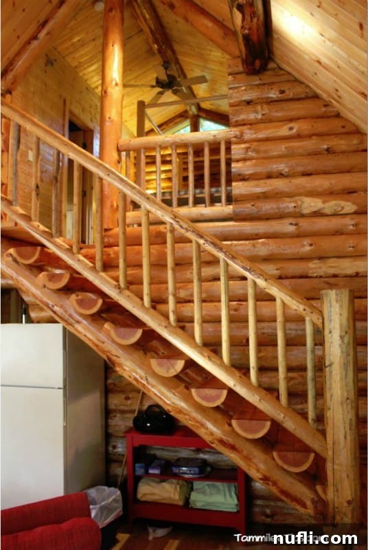 Your Log Cabin Adventure Awaits at Lakedale Resort, San Juan Islands 7 Log cabin interior featuring a staircase leading to the upper level, highlighting the cabin's multi-story design and cozy aesthetic.