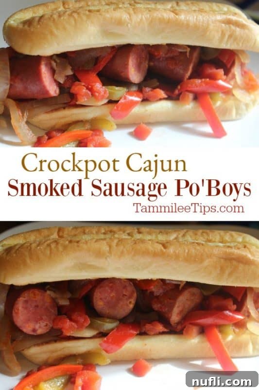 Easy Slow Cooker Cajun Smoked Sausage Po'Boys 2 Delicious Crockpot Cajun Smoked Sausage Po'Boy on a rustic wooden surface, ready to eat.