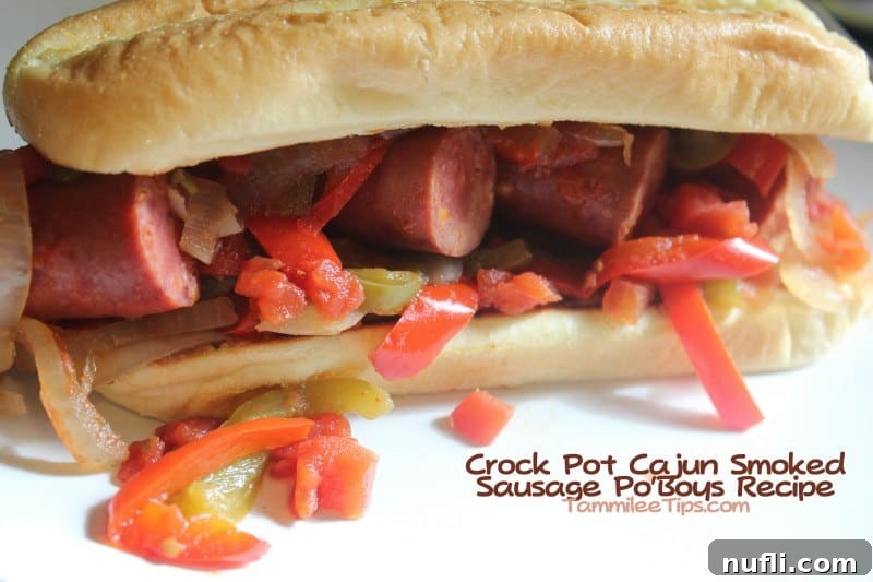 Easy Slow Cooker Cajun Smoked Sausage Po'Boys 3 Close-up of Cajun smoked sausage and colorful bell peppers simmering in a crockpot, infusing with rich flavors.