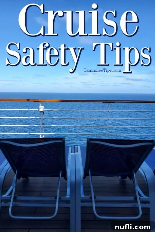 Cruise safety tips over lounge chairs on a cruise ship deck with the ocean in the background