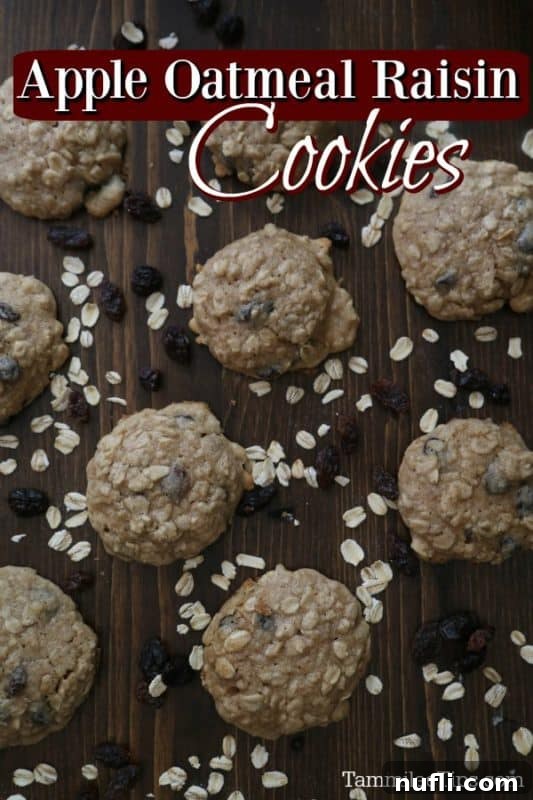 Homestyle Apple Oatmeal Raisin Cookies 2 Delicious Apple Oatmeal Raisin Cookies artfully arranged on a rustic wooden board, ready to be enjoyed.
