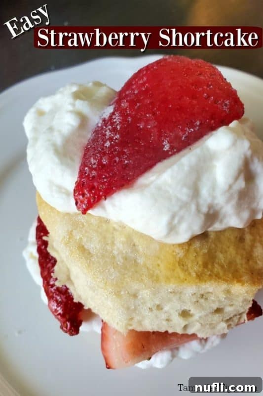 Super Easy Strawberry Shortcake 2 Easy Strawberry Shortcake text over a white plate with shortcake topped with whipped cream and a fresh strawberry