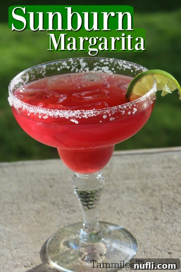 Recreate Chevy's Famous Sunburn Margarita Recipe 2 Sunburn Margarita text over a red margarita glass with a lime wedge