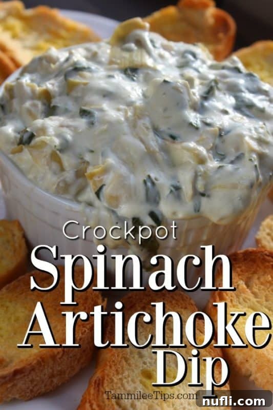 Creamy Crock Pot Spinach Artichoke Dip 2 Crockpot Spinach Artichoke Dip text under a white bowl of dip surrounded by toast points