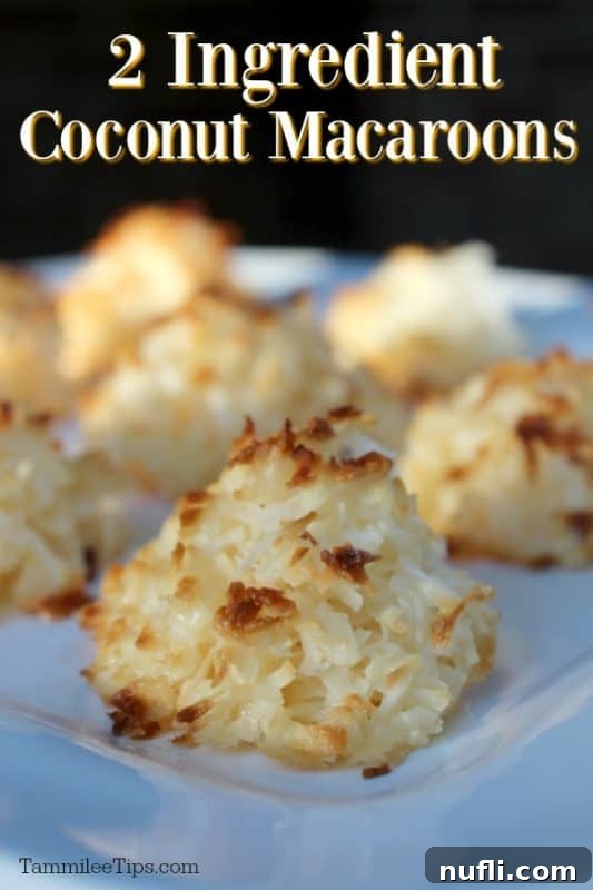 Golden brown coconut macaroons on a white plate, with a dark background