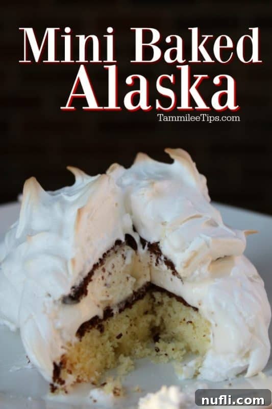 Mini baked alaska on a white plate with a piece cut out of it 