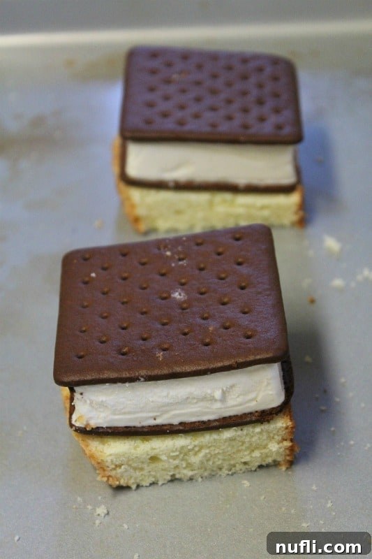 ice cream sandwich on top of pound cake on a baking dish 