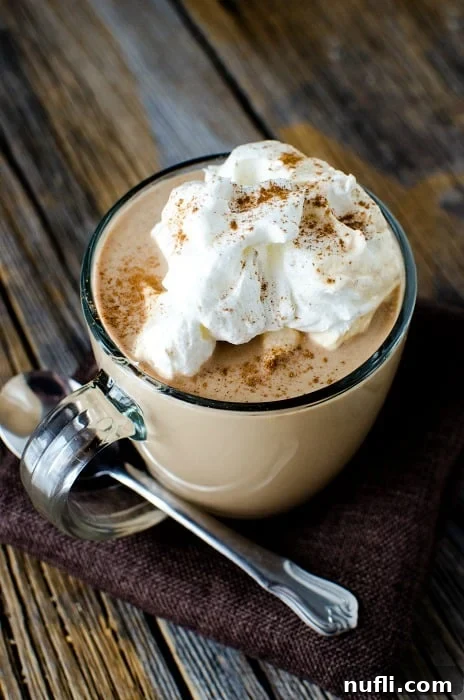 Spiced Slow Cooker Mexican Hot Chocolate 3 A close-up of a glass mug filled with Mexican hot chocolate, adorned with a swirl of whipped cream and a dusting of cinnamon, next to a silver spoon.