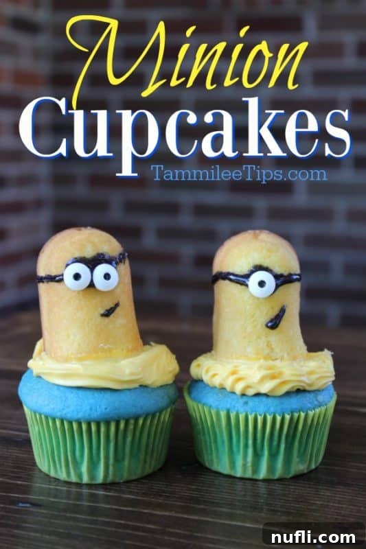 Minions Cupcakes text over two Minion cupcakes on a wood board, a perfect Despicable Me themed treat for any occasion.