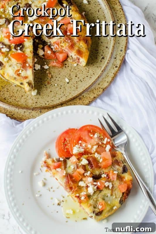 Crockpot Greek Frittata over a plate with a slice of frittata and tomatoes, next to serving dish.