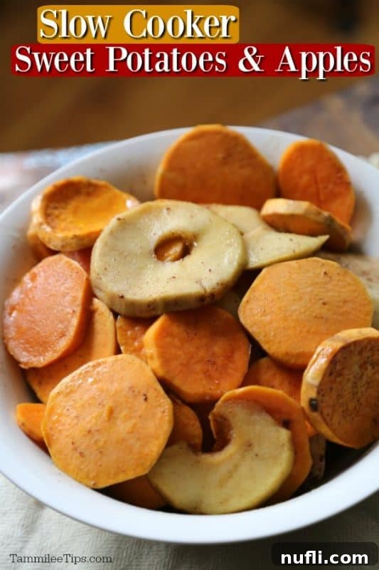 Slow cooker sweet potatoes and apples text over a bowl with slices of apples and sweet potatoes