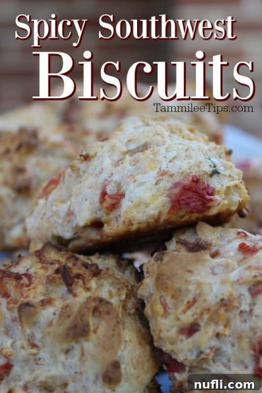 Spicy Southwest Biscuits stacked on each other, showcasing their golden-brown tops and vibrant specks of red and green chilies.