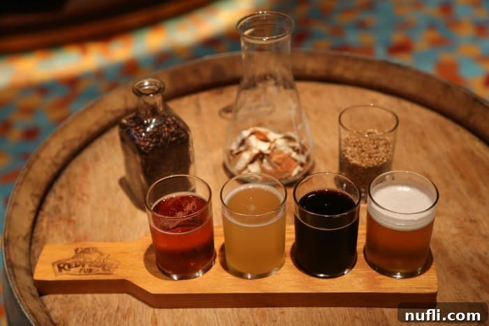 A flight of beer glasses presented on a branded RedFrog Pub board, surrounded by jars of spices, highlighting the unique flavors of the onboard brewery.
