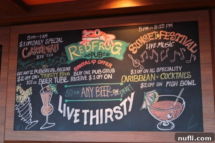 RedFrog Pub sign with Live Thirsty and drink specials 