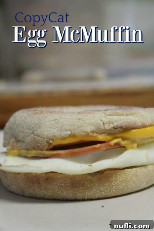 The Ultimate Homemade Breakfast Muffin 2 A perfectly assembled Copycat Egg McMuffin on an English muffin with a slice of ham, melted cheese, and a fried egg