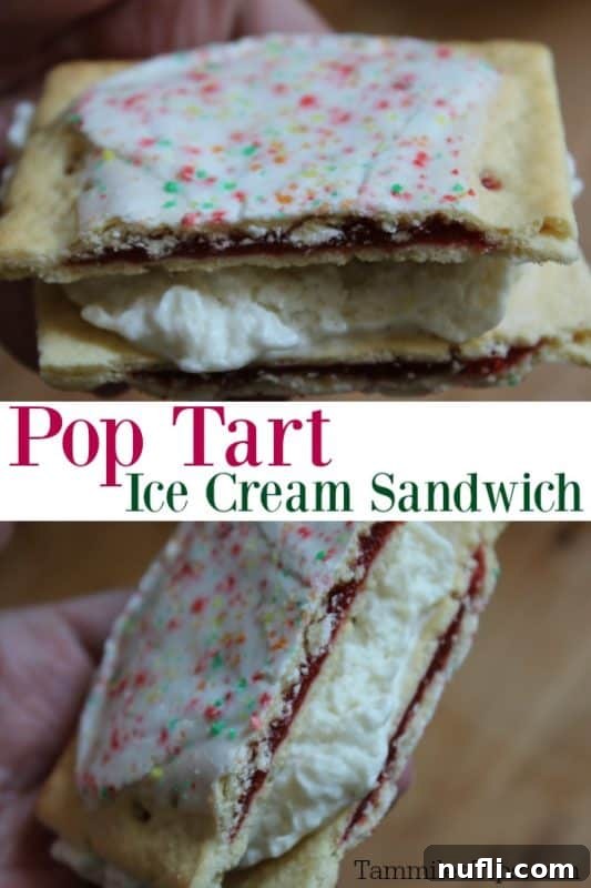Hand holding a finished Pop-Tart Ice Cream Sandwich, showcasing the golden Pop-Tart exterior and creamy ice cream filling.