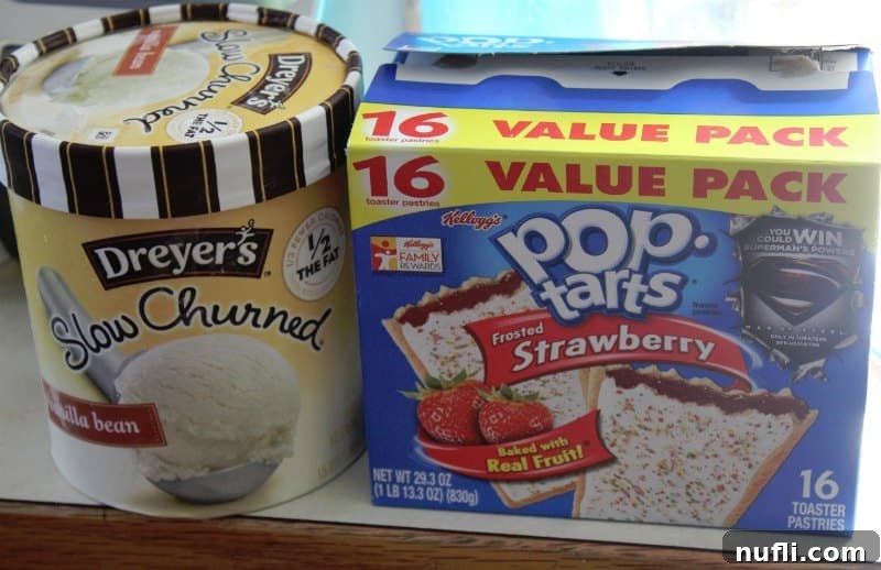 Essential ingredients: a box of strawberry Pop-Tarts and a container of vanilla ice cream.