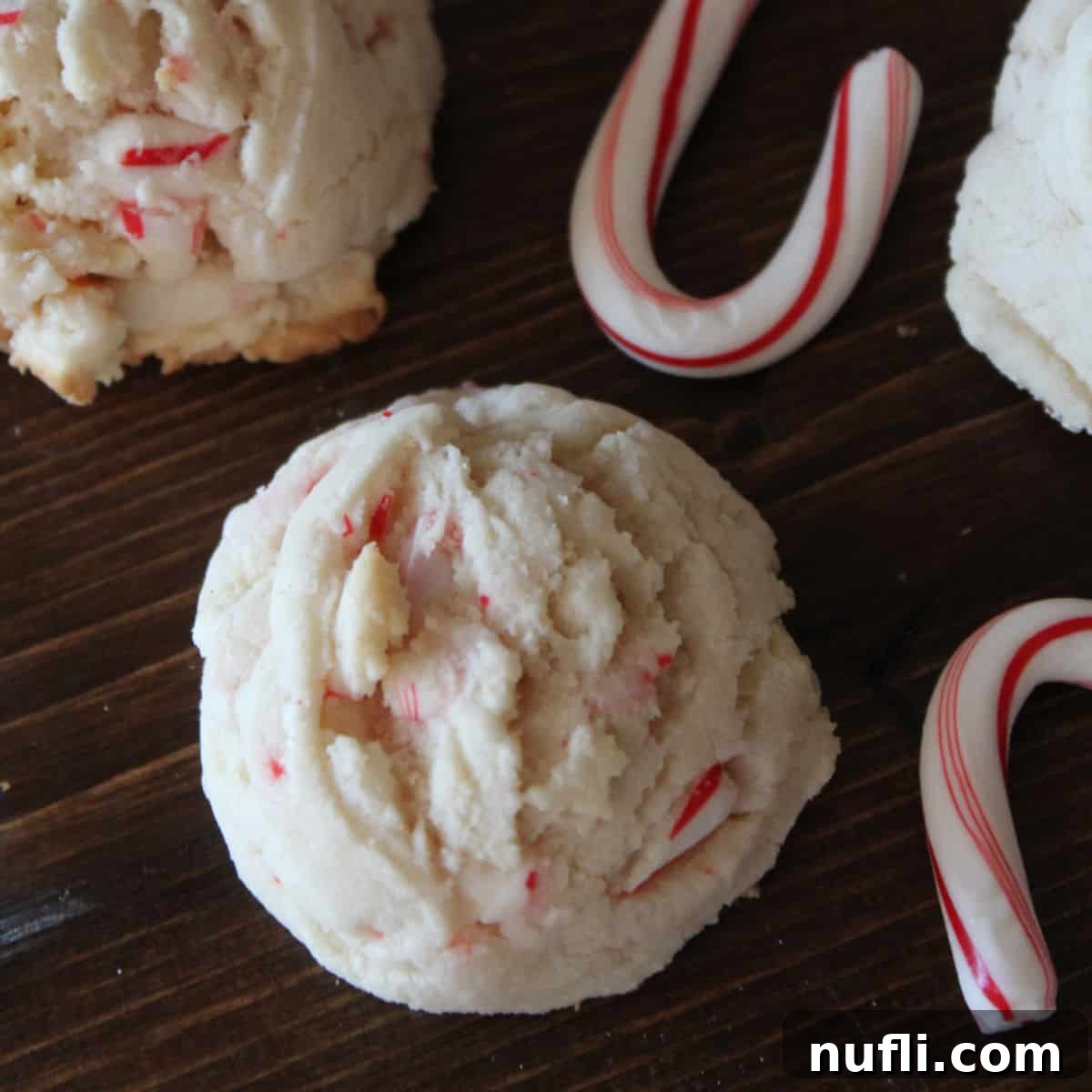 White Chocolate Candy Cane Cookies and candy canes on a wooden board