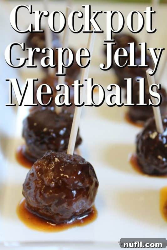Easy & Delicious 3-Ingredient Grape Jelly Meatballs 2 Delicious grape jelly meatballs with toothpicks, served on a white platter for a party appetizer.