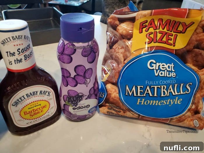 Easy & Delicious 3-Ingredient Grape Jelly Meatballs 3 Three simple ingredients for grape jelly meatballs: a bottle of barbecue sauce, a jar of grape jelly, and a bag of frozen meatballs.
