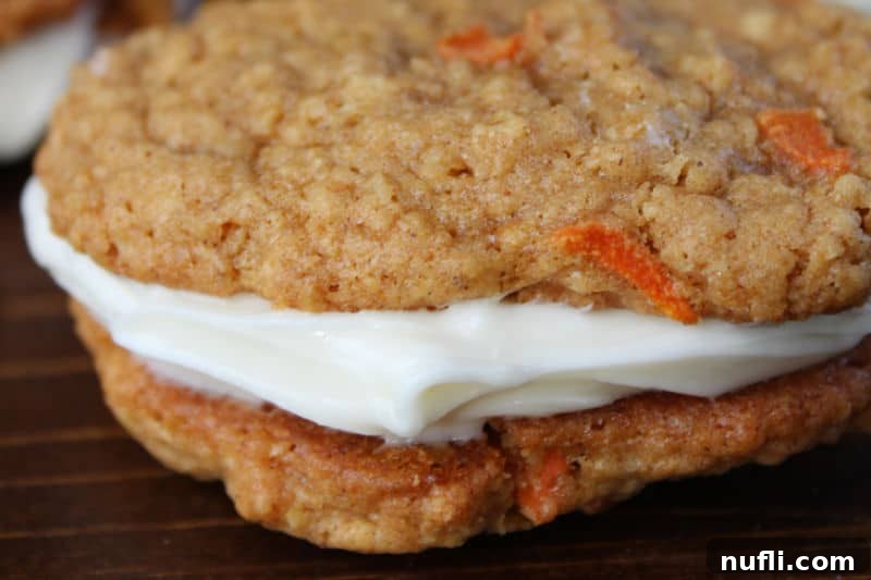 close up of carrot oatmeal cookies with cream cheese icing to make a carrot cookie whoopie pie