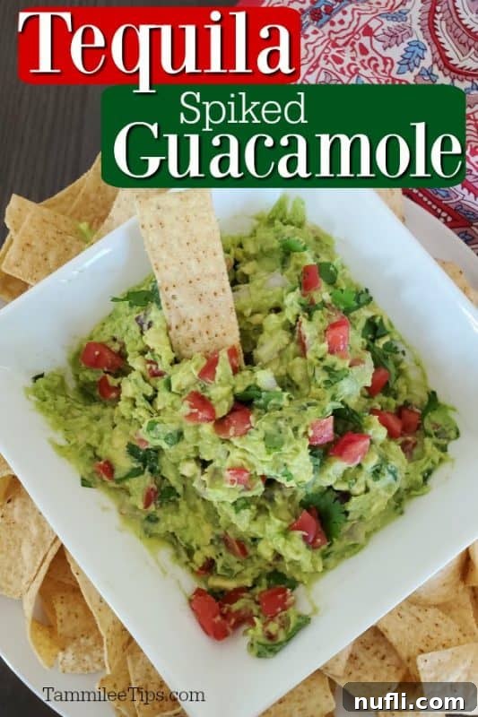 Tequila spiked guacamole text over a white bowl filled with guac and a tortilla chip 