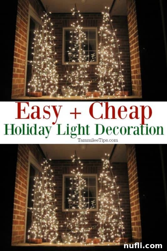 Easy & Cheap holiday light decoration with two photos of tomato cage lighted trees