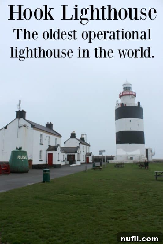 Hook Lighthouse, the oldest operational lighthouse in the world, with its distinctive black and white stripes, stands proudly beside the lightkeepers' houses on the rugged Irish coast.