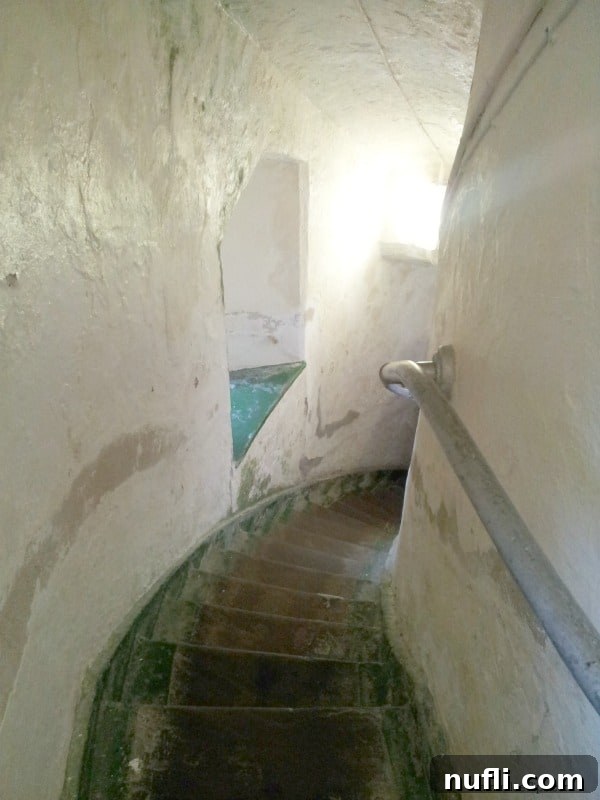 A view looking up the internal stone steps leading higher inside Hook Head Lighthouse, showcasing its sturdy medieval construction.